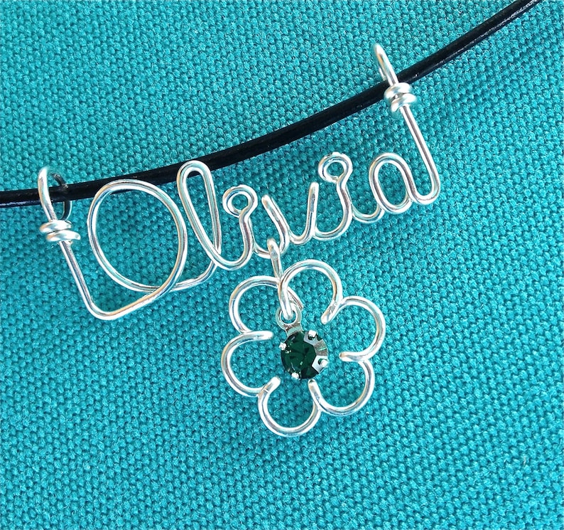 Personalized JewelrySilver Wire Name Necklace w/Heart, Cross, Star, Peace Sign or FlowerSwarovski BirthstoneBlack Leather CordAny Name image 2