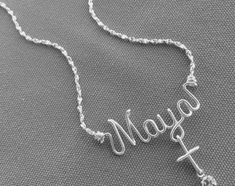 Personalized Jewelry-Cross/Religious~Any Name Necklace or Anklet~Silver Wire Name~Charm w/Swarovski Birthstone Jewelry-Custom Baptism Gift
