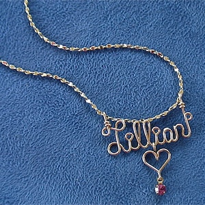 Personalized Jewelry Gold Wire Name Necklace w/Heart, Cross, Star, Peace Sign or Flower and Swarovski Birthstone-Any Name