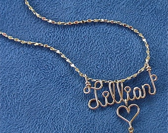 Personalized Jewelry Gold Wire Name Necklace w/Heart, Cross, Star, Peace Sign or Flower and Swarovski Birthstone-Any Name