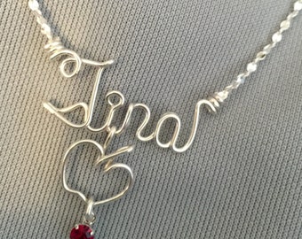 Personalized Apple Charm Necklace or Anklet~Silver or Gold~Teacher Gift~Apple Lover Gift~Wire Name~Any Name~Swarovski Crystal~Custom Jewelry