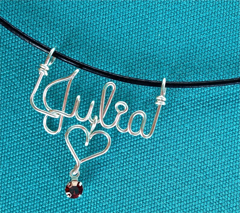Personalized JewelrySilver Wire Name Necklace w/Heart, Cross, Star, Peace Sign or FlowerSwarovski BirthstoneBlack Leather CordAny Name image 1