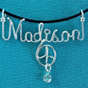 Personalized JewelrySilver Wire Name Necklace w/Heart, Cross, Star, Peace Sign or FlowerSwarovski BirthstoneBlack Leather CordAny Name image 4