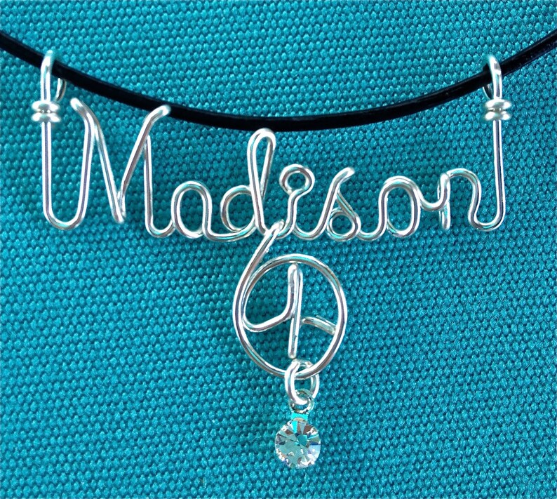 Personalized JewelrySilver Wire Name Necklace w/Heart, Cross, Star, Peace Sign or FlowerSwarovski BirthstoneBlack Leather CordAny Name image 4