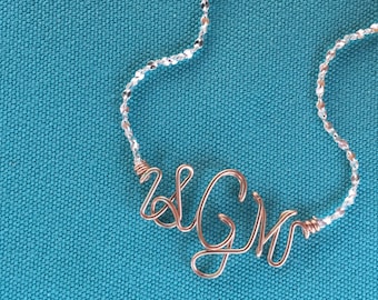 Rose Gold Monogram Necklace, Bracelet or Anklet~2 Tone~Pink Gold, Sterling Silver, Yellow Gold~Any Initials~Wire Name Jewelry