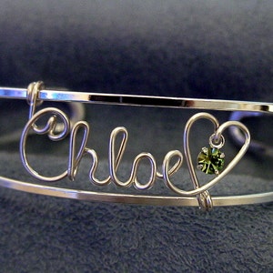 Personalized Silver Name Bracelet/Cuff/Bangle w/HEART and SWAROVSKI BIRTHSTONE-Any Name