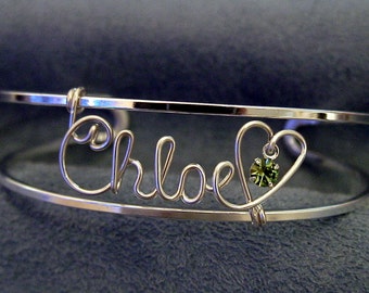 Personalized Silver Name Bracelet/Cuff/Bangle w/HEART and SWAROVSKI BIRTHSTONE-Any Name