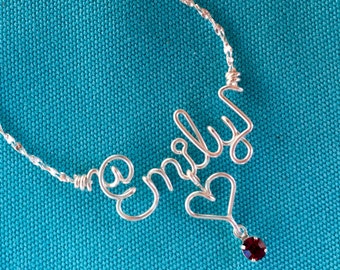 Personalized Silver Name Necklace/Anklet~Flower/Daisy Charm~or Heart, Cross, Star, Peace Sign~Swarovski Birthstone Crystal~Wire Name Jewelry