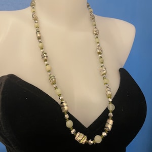 Necklace, jade and green and silver boho pearl sautoir necklace, 78 cm