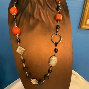 92 cm lava, coral, hematite and silver sautoir necklace