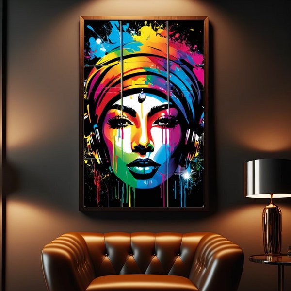 Colorful Face Painting Print Abstract Portrait Woman Wall Art Decor Vibrant Girl headphones Canvas Wall Art Decor Fashion Wall Art