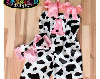 Girls Cow Pants / Cow Romper Baby Girl / Cow Print Outfit / Cow Birthday Romper / Farm Theme Birthday / Girl Farm Outfit / Zamakerr