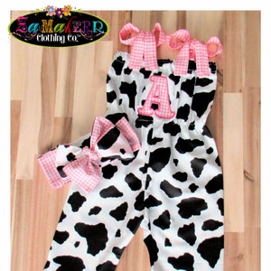 Girls Cow Pants / Cow Romper Baby Girl / Cow Print Outfit / Cow Birthday Romper / Farm Theme Birthday / Girl Farm Outfit / Zamakerr