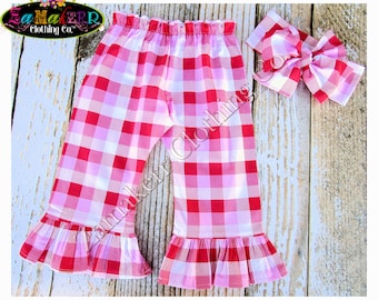 Valentines Day Girl Pant Set Toddler Infant Baby Pink Plaid Hearts Headwrap Toddler Head wrap 3 6 9 12 18 24 Month Size 2t 2 3t 4t 4 5 6 7 8