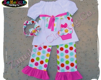 Cupcake Girl Birthday Outfit Set Polka Dot 1st 2nd Toddler Infant Baby Pant Shorts Capri 3 6 9 12 18 24 month size 2T 2 3T 3 4T 4 5T 5 6 7 8