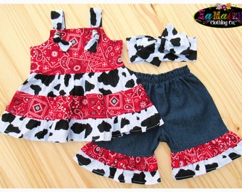 Girl Western Wear Outfit / Barnyard Farm Outfit / Barnyard Farm Birthday / Red Bandana Outfit / Toddler Girl Western Wear / Cow Print Outfit