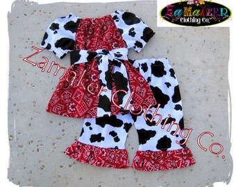 Girl Cow Outfit Set - Girl Farm Birthday Party - Cow N Bandana Top Ruffle Pant Set 3 6 9 12 18 24 month size 2t 2 3t 3 4t 4 5t 5 6 7 8