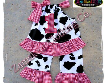 Girl Farm Outfit Clothing Baby Barn Cow Outfit Top Pant Set Red Gingham 1st 2nd Birthday 3 6 9 12 18 24 Month Size 2T 3T 4T 5T 6 7 Zamaker