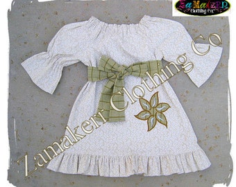 Girl Khaki Peasant Dress - Girl Floral Dress - Girl Ruffle Dress with Sash Size 3 6 9 12 18 24 month size 2T 2 3T 3 4T 4 5T 5 6 7 8