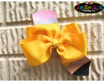 Pencil Hair Bow / Pencil School Hair Bow / Glitter Pencil Bow / Pencil Pigtail Bows / Girls School Bow / Girls Pigtail Bow / Yellow Bow