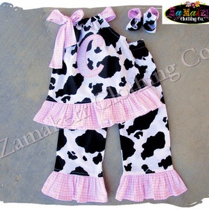 Girl Barnyard Birthday Outfit, Farm Girl Cow Outfit, Girl Cow Birthday Party Outfit Pink Gingham 1st 2nd 3 6 9 12 18 24 Month Size 2T 3T 4