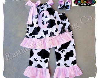 Girl Barnyard Birthday Outfit, Farm Girl Cow Outfit, Girl Cow Birthday Party Outfit Pink Gingham 1st 2nd 3 6 9 12 18 24 Month Size 2T 3T 4