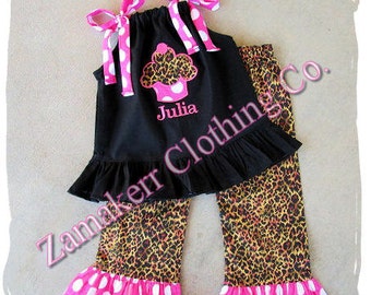 Baby Girl Birthday Cupcake Outfit Set Leopard Top Pant Outfit Set Toddler 3 6 9 12 18 24 month size 2T 2 3T 3 4 4T 5T 5 6 7 8 Birthday Party