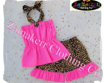 Toddler Baby Girl Leopard Outfit Set Ruffle Pant Bottom Halter Custom Boutique Clothing 3 6 9 12 18 24 month size 2t 2 3t 3 4t 4 5t 5 6 7 8