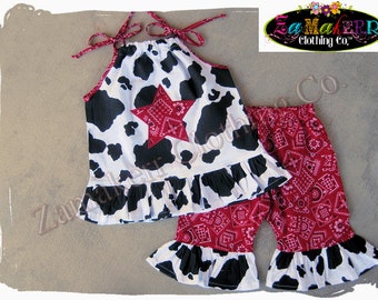 Custom Boutique Clothing Cow Girl Birthday Outfit Pant Set Bandana Top Ruffle Barnyard 1st 3 6 9 12 18 24 month size 2t 2 3t 4 5 7 8 T