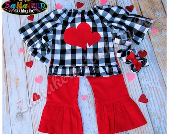 Red Girl Valentine's Day Outfit Set Baby Toddler Infant Pant Buffalo Clothing Heart Pink 3 6 9 12 18 24 Month Size 2t 2 3t 3 4t 4 5t 5 6 7 8