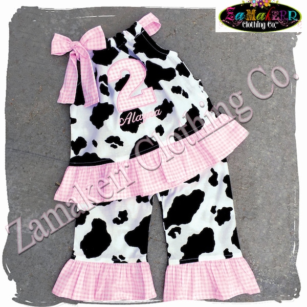 Custom Boutique Clothing Birthday Baby Girl Barn Farm Cow Outfit Top Pant Set Pink Gingham 1st 2nd 3 6 9 12 18 24 Month Size 2T 3T 4T 5T 6 7