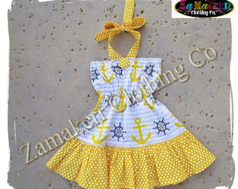 Custom Boutique Clothing Girl Anchor DRESS Jumper Halter Outfit Pant Set Birthday NAUTICAL 3 6 9 12 18 24 Month Size 2t 3t 4t 5t 6 7 8