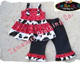 Girl Cow Outfit Custom Boutique Clothing Cow N Bandana Top Ruffle Pant Set 3 6 9 12 18 24 month size 2t 2 3t 3 4t 4 5t 5 6 7 8