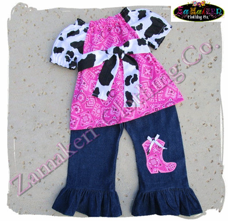 Birthday Girl Cow Bandana Denim Outfit Set Farm Barn Yard Pant Capri Petting Zoo Western 3 6 9 12 18 24 month size 2t 2 3t 3 4t 4 5t 5 6 7 8 image 1