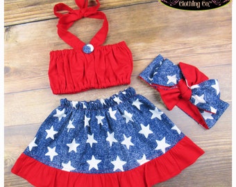 Girl Halter Outfit / Baby 4th of July / 4th of July Skirt / Toddler Girl Outfit / Patriotic Outfit / July 4th Outfit / Crop Top Off Shoulder