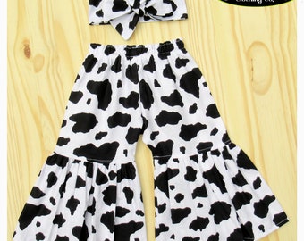 Cow Bell Bottoms for Girls / Bow Headwrap Baby / Baby Bell Bottoms / Toddler Bell Bottoms / Cow Birthday Party / Cow Headwrap Baby Girl