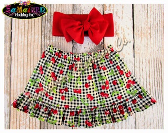 Cereza Roja Falda Bebé Falda Niño Falda Bebé Chica Traje Falda Bow HeadWrap Bebé Cabeza Envoltura Cabello Bow Gran Bow Falda Turban Cherries