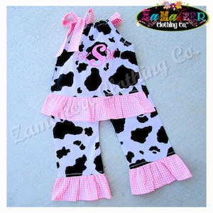 Baby Girl Barnyard Farm Cow Outfit Top Pant Set Newborn Infant Toddler Pink Gingham Monogram 6 9 12 18 24 Month Size 2T 2 3T 3 4 4T 5 5T 6