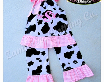 Baby Girl Barnyard Farm Cow Outfit Top Pant Set Newborn Infant Toddler Pink Gingham Monogram 6 9 12 18 24 Month Size 2T 2 3T 3 4 4T 5 5T 6