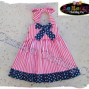 Custom Boutique Clothing Fourth 4th of JULY Girl Halter Dress Red White Blue Flag Pageant Birthday Size 3 6 9 12 18 24 month 2t 3t 4t 5 6 7