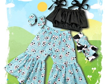 Girls Cow Pants / Cow Outfit Baby Girl / Cow Print Outfit / Cow Birthday Party / Farm Theme Birthday / Girl Farm Outfit / Crop Top Outfit