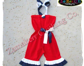 Custom Boutique Clothing Fourth 4th of July Girl Outfit Romper Jumper Pageant Birthday Red Set 3 6 9 12 18 24 month size 2t 3t 4t 5t 6 7 8