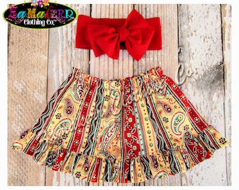 Red Paisley Falda Baby Skirt Toddler Skirt Baby Girl Outfit Skirt Bow Headwrap Baby Head wrap Hair Bow Big Bow Skirt Diadeband Turban Set