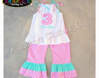 Infant Toddler Baby Girl Pink Outfit Set Birthday Party Easter Pastel Polka Dot Pant Size 3 6 9 12 18 24 month 2T 2 3T 3 4T 4 5T 5 6 7 8