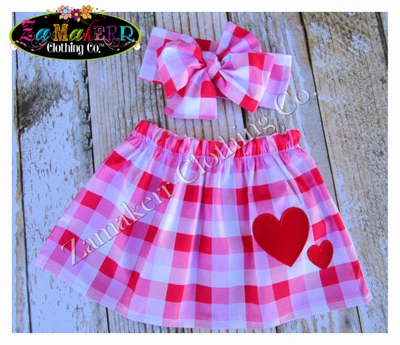 Valentine Baby Infant Toddler Girl Skirt Set Pink Plaid Hearts