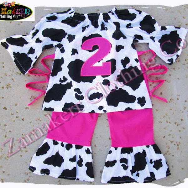 Cute Girl Birthday Cow Pink Outfit Pant Set Western Farm Barnyard Petting Zoo Party 1st 2nd 3 6 9 12 18 24 month size 2t 2 3t 3 4t 4 5 6 7 8