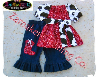 Girl Cow Denim Outfit Set - Girl Farm Birthday Party - Cow N Bandana Top Denim Pant Set 3 6 9 12 18 24 month size 2t 2 3t 3 4t 4 5t 5 6 7 8