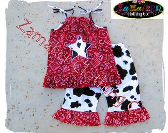 Girl Cow Outfit Pant Set - Girl Cow Birthday Party - Cow N Bandana Top Ruffle Pant Set 3 6 9 12 18 24 month size 2t 2 3t 3 4t 4 5t 5 6 7 8