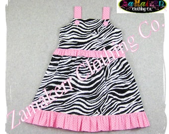 Custom Boutique Clothes - Girl ZEBRA Pink Polka Dot Girl Aline Jumper Ruffle Dress 3 6 9 12 18 24 month size 2T 2 3T 3 4T 4 5T 5 6 7 8