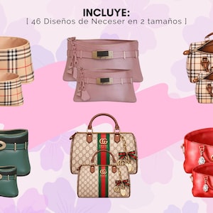 Pu&ograve; includere: Un assortimento di borse e trousse in vari stili e colori. L'immagine include borse con motivi a quadri, colori uniti e loghi di stilisti. Il testo "INCLUYE: | 46 Dise&ntilde;os de Neceser en 2 tama&ntilde;os |" &egrave; visibile.